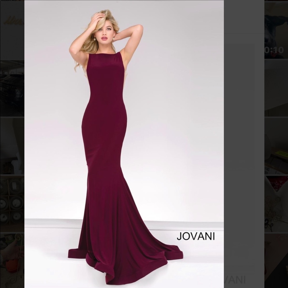 Jovani 47100 Open Back, Jersey Gown; Burgundy Trumpet Evening Gown, Formal